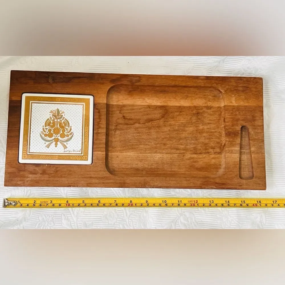 George Briar Teak Wood & Tile MCM‎ Ceramic Serving Tray Charcuterie Board Vtg